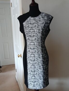 Joseph Ribkoff Black and White Textured Paneled Midi Dress